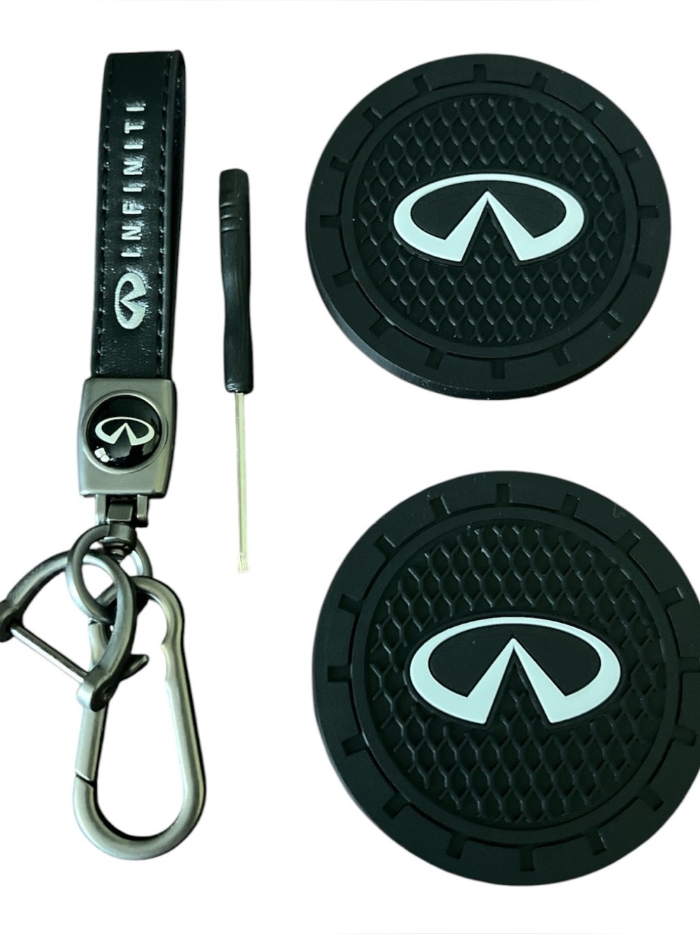 Infiniti Black Keychain & Car Coaster (2 pc) Accessories Set